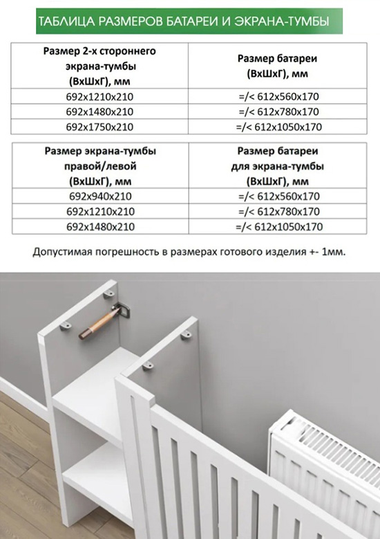 Размеры батареи и тумбы